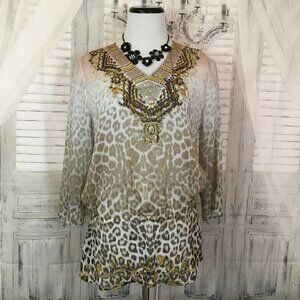 Chicos Size 0 Small Brown Gold Sheer Blouse Tunic Peplum Shirt  Peasant Boho B51